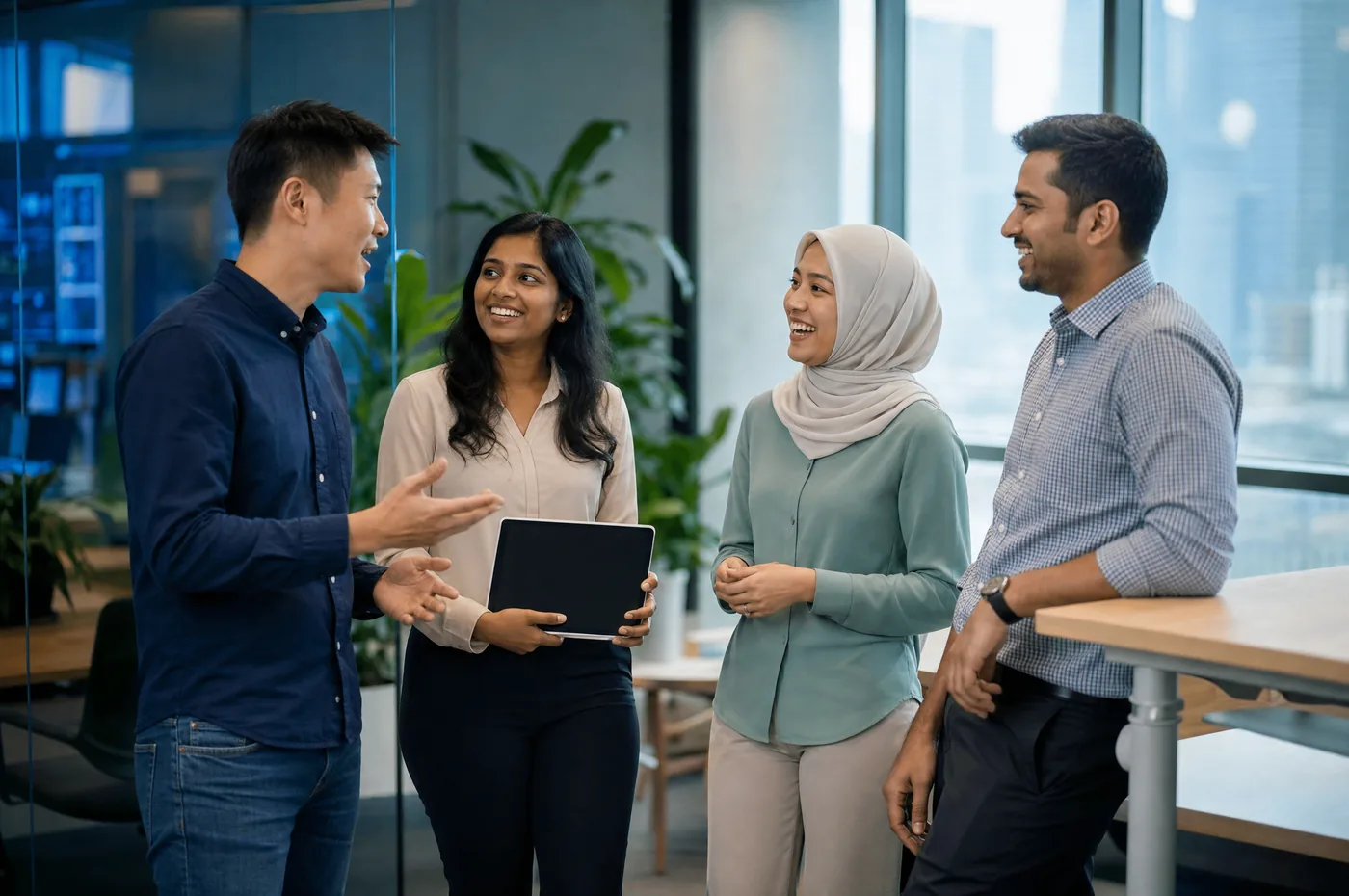 The AIConvo team discussing a project in a modern Singapore office